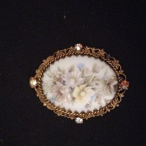 Vintage Gold Tone Prong-set Porcelain Flower w/ AB Rhinestones Pendant